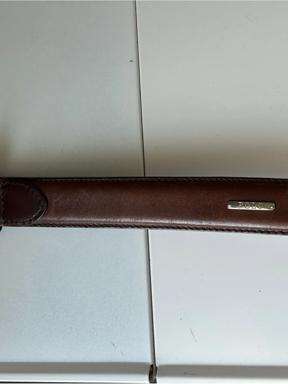 Polo Ralph Lauren Brown Leather Belt Metal Logo Plaque Men Style 2113620 Size 42